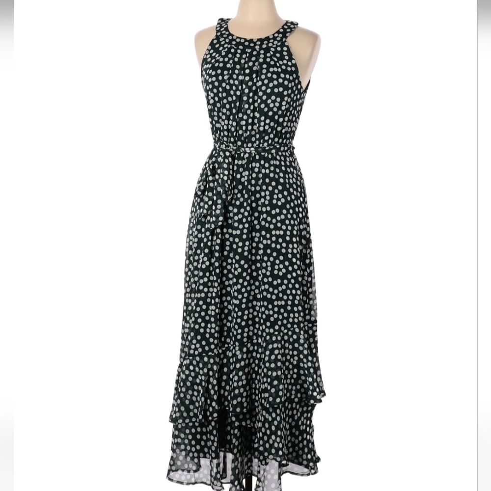 Calvin Klein Green Polka Dot Midi Dress with Ruffle Hem